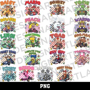May include: A digital graphic sheet featuring twenty individual illustrations of various video game characters driving go-karts. Each character is positioned over a checkered background with their name printed in bold, colorful letters above them.