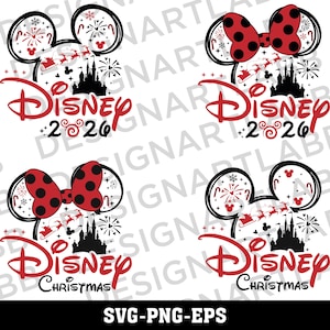 Könnte beinhalten: Vier Grafikdesigns mit Mickey-Maus-Ohr-Silhouetten im Weihnachtsthema, darunter ein schwarzes Schloss, ein roter Schlitten, Feuerwerk und Zuckerstangen. Zwei Designs enthalten den Text Disney 2026 und zwei den Text Disney Christmas.