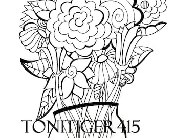 Flower Coloring Page, Vase of Flowers Art, Instant Download, Digital Coloring Page, Original Floral Drawing, Adult Coloring Page