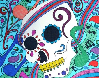 Music Sugar Skull, 8x10 Inch Print, Day of the Dead Art, Dia De Los Muertos, Skull Wall Decor