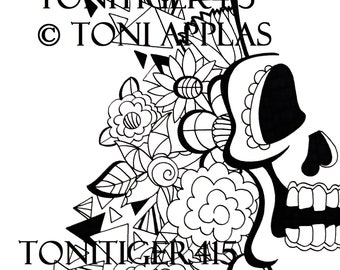 Sugar Skull and Flowers Coloring Page, Instant Download, Adult Digital Coloring Page, Day of the Dead, Tattoo Art