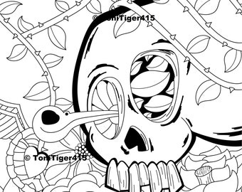 Skull Coloring Page, Skull and Hummingbird Art, Instant Download, Digital Coloring Page, Original Skull Drawing, Adult Coloring Page