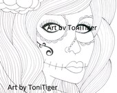 Sugar Skull Girl Page, Instant Download, Day of the Dead Art, Dia De Los Muertos, Digital Download Art, Adult Coloring Page, Original Art