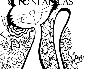 Cat Coloring Page, Kitty and Flowers Art, Instant Download, Digital Adult Coloring Page, Zentangle Drawing