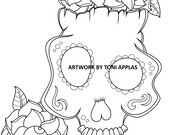 Sugar Skull Coloring Page, Instant Digital Download Coloring Page, Original Day of the Dead Art, Dia De Los Muertos, Adult Coloring Page