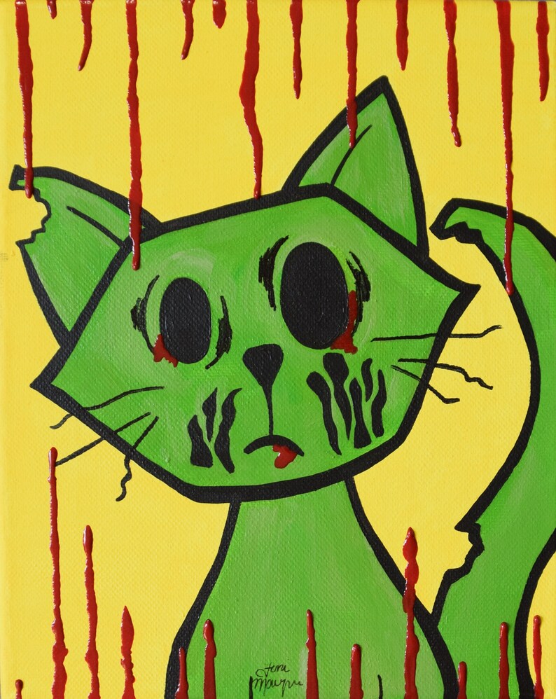 Zombie Cat Print, 8x10 Inch Print, Horror Art Print, Cute Cat Art, Dripping Blood Art, Cat Lover image 1