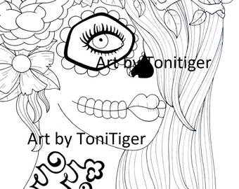 Adult Coloring Page, Sugar Skull Girl Art, Instant Download, Sugar Skull Printable, Day of the Dead Art, Digital Download Art, Skull Art