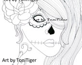 Instant Digital Download Coloring Page, Sugar Skull Girl and Roses, Adult Coloring Page, Original Day of the Dead Art Dia De Los Muertos