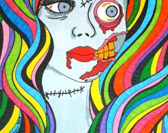 Zombie Girl Print, 8x10 Inch Print, Rainbow Artwork, Colorful Zombie Wall Decor, Macabre Horror Art, Walking Dead Undead, Alternative Art