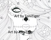 Instant Digital Download Coloring Page Flower Sugar Skull Girl, Original Day of the Dead Art, Dia De Los Muertos, Adult Coloring Page