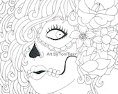 Instant Digital Download Coloring Page Sugar Skull Girl, Original Day of the Dead Art, Dia De Los Muertos, Downloadable Adult Coloring Page