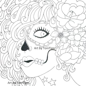 Coloriage Page Sugar Skull Girl, Original jour des mort Art, Dia De Los Muertos, téléchargeable adulte Coloriage en téléchargement numérique instantané image 1