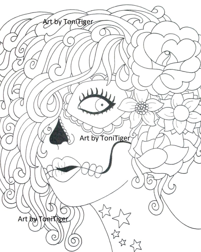 Coloriage Page Sugar Skull Girl, Original jour des mort Art, Dia De Los Muertos, téléchargeable adulte Coloriage en téléchargement numérique instantané image 1