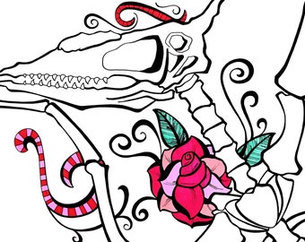 Pterodactyl Skeleton Print, Pterodactyl Art, 8x10 Inch Print, Dinosaur Art, Skull and Roses Artwork, Original Art Print