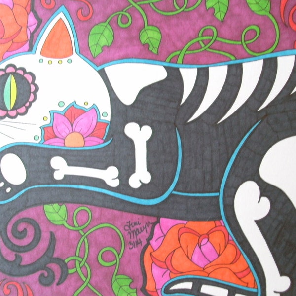 Bunter Tag der Toten Katze auf Baum verzweigen mit Rosen 9 x 12 Sharpie Zeichnung bunte Sugar Skull Katze Kunst, Dia De Los Muertos alternativer Kunst