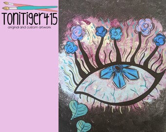 Eyeball Painting, 8x10 Inch Canvas Art, Surreal Eye Artwork, Weird Flower Decor, Purple and Blue, Original Art