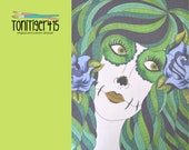 Green Sugar Skull Girl Art, 9x12 Inch Drawing, Day of the Dead Art, Dia De Los Muertos
