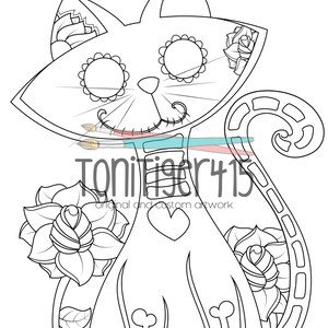 Sugar Skull Cat Drawing, Instant Digital Download Coloring Page, Original Day of the Dead Art, Dia De Los Muertos, Adult Coloring Page image 1