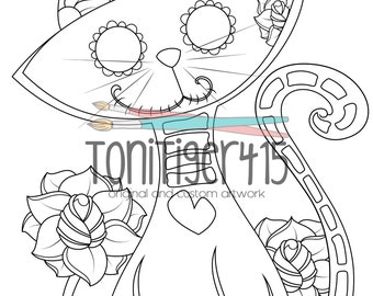 Sugar Skull Cat Drawing, Instant Digital Download Coloring Page, Original Day of the Dead Art, Dia De Los Muertos, Adult Coloring Page