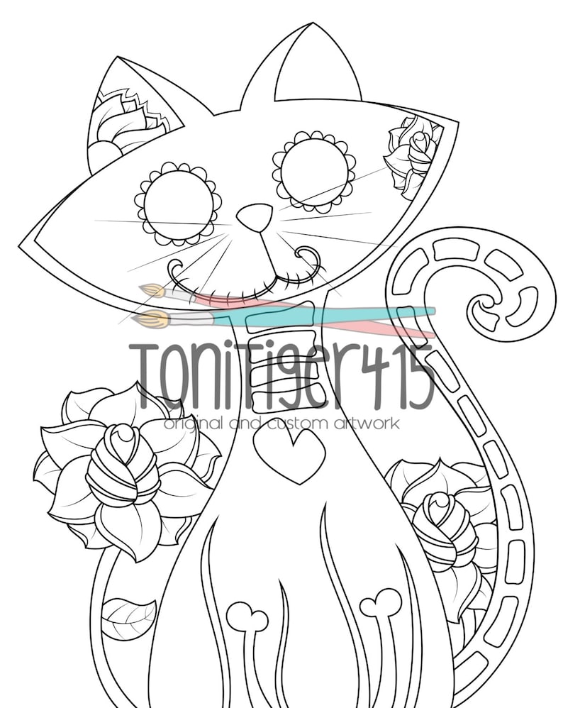 Sugar Skull Cat Drawing, Instant Digital Download Coloring Page, Original Day of the Dead Art, Dia De Los Muertos, Adult Coloring Page image 1