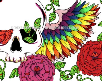 Rainbow Skull 8x10 Print with Colorful Wings and Roses, LIMITED EDITION print, Original Alternative Gift Idea, Wall Decor, Skull Art Artwork