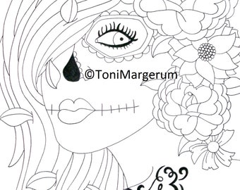 Sugar Skull Girl, Digital Download, Instant Coloring Page, Original Day of the Dead Art, Dia De Los Muertos, Adult Coloring Page, Artwork