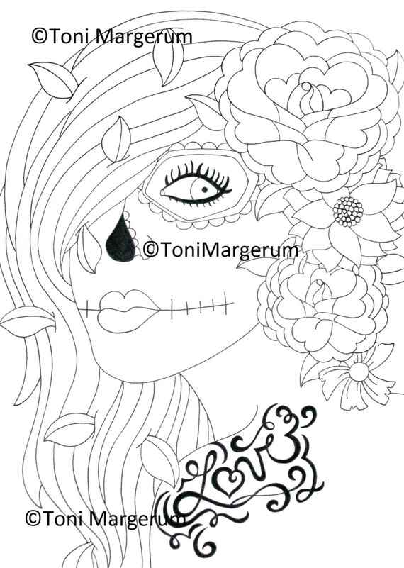 Sugar Skull Girl Digital Download Instant Coloring Page Etsy