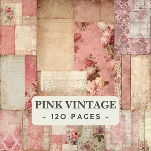 May include: A collage of vintage-style paper textures featuring pink floral patterns, damask prints, and handwritten script. A central white rectangular label displays the text PINK VINTAGE - 120 PAGES - in dark gray, sans-serif lettering.