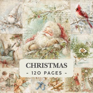 May include: A collage of vintage-style Christmas illustrations featuring a sleeping Santa Claus, a gnome, a cardinal, a cat, and a puppy. The central text reads CHRISTMAS - 120 PAGES - over a background of script and festive greenery.