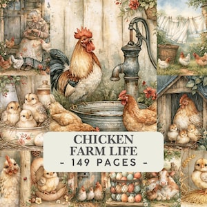 May include: A collage of watercolour illustrations depicting farm life with chickens, chicks, a rooster, a water pump, a cow, and laundry hanging on a line. The text in the centre reads CHICKEN FARM LIFE - 149 PAGES - in dark grey lettering.