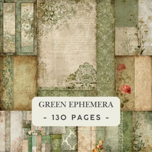 Può includere: Una collezione di fogli di carta effimera verde composta da 130 pagine con motivi floreali vintage, disegni damascati, scrittura a mano, texture a righe e illustrazioni botaniche in tonalità salvia, oliva e crema con accenti di rose rosse.