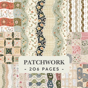 May include: A collection of patchwork fabric patterns featuring floral, gingham, and wavy designs in various colours including red, green, blue, and beige. A central label displays the text PATCHWORK - 206 PAGES - in dark grey capital letters.