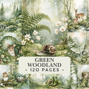 Op de afbeelding: Een digitale collage met aquarelillustraties van bosscènes, waaronder een hert, een muis, een slak, een mot en een chipmunk, met de tekst GREEN WOODLAND - 120 PAGES - gecentreerd in een wit rechthoekig kader over de bosafbeeldingen.