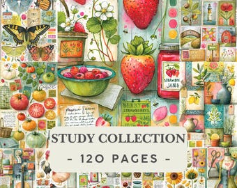 Botanical Junk Journal Pages | Watercolor Digital Paper | Vintage Ephemera | Herbarium, Bees, Mushrooms, Herbs, Birds, Pantry, Cottagecore