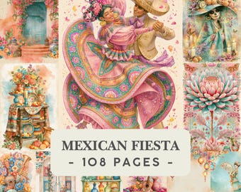 Puede incluir: Una colección de ilustraciones estilo acuarela con temática de fiesta mexicana, que incluye una pareja bailando con trajes tradicionales, arreglos florales, cerámica y una gran flor de loto, con el texto MEXICAN FIESTA - 108 PAGES.