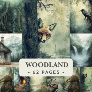 May include: A digital collage of woodland scenes featuring a fox peeking from behind a tree, a raven, a stone ruin, a cabin, a waterfall, a frog, and a bear. The central text overlay reads WOODLAND - 62 PAGES - in dark gray capital letters.
