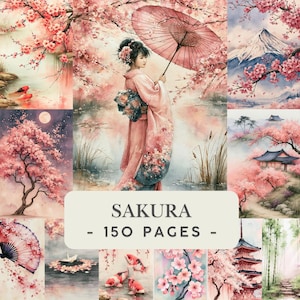 Puede incluir: Una colección de ilustraciones artísticas con flores de cerezo, una persona en kimono con sombrilla, el monte Fuji, peces koi y arquitectura tradicional. La portada incluye el texto SAKURA - 150 PAGES - en un recuadro central.