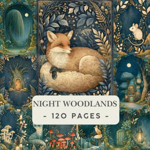 May include: A notebook cover titled NIGHT WOODLANDS - 120 PAGES - featuring a central illustration of a fox curled up in a dark forest setting, surrounded by smaller panels depicting a mouse, a tree house, mushrooms, and a willow tree.