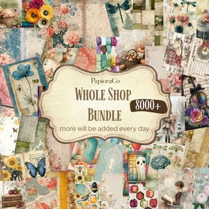 May include: A digital collage of various vintage-style illustrations featuring flowers, butterflies, bees, landscapes, and musical instruments. A central cream-colored label displays the text PapioraCo WHOLE SHOP BUNDLE 8000+ more will be added every day.