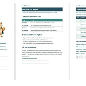 May include: A three-page Growth Passport document featuring an illustration of five owls in a row. The pages contain text, tables, and sections for learner information, including a four-point observation scale and a five-grade progression chart.