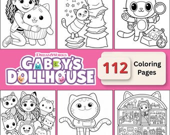 Gabby's poppenhuis kleurboek, 112 printbare kleurplaten voor kinderen, PDF-activiteitenboek, direct digitaal te downloaden