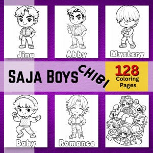 May include: A digital collection of 128 chibi colouring pages titled SAJA BOYS CHIBI. The image displays five individual black and white line art illustrations of boys labelled Jinu, Abby, Mystery, Baby, and Romance, plus a group illustration.