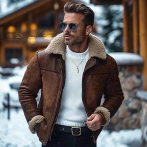 Chaqueta de hombre de piel de cordero auténtica con forro de borrego – Abrigo de invierno estilo aviador marrón con cuello de piel de oveja