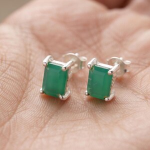 Emerald Cut Green Onyx Stud Earrings - Handcrafted Rectangular Gemstone Earrings