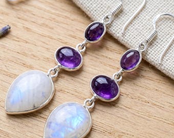Handmade Silver Amethyst ,Moonstone Dangle Earrings, Multi-Stone Drop Jewelry.