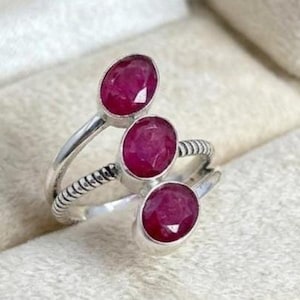 Ruby Three-Stone Bypass Ring  | Boho Multi-Band Statement Ring