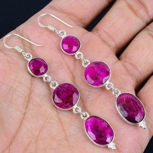 Faceted Ruby Drop Earrings | Three Stone Magenta Pink Dangle Earrings | Boho Silver Jewelry .