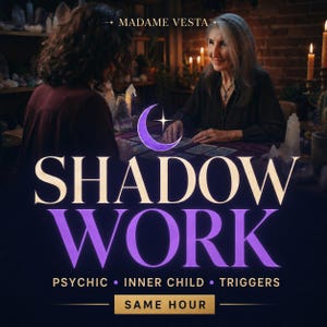 Może przedstawiać: Cyfrowa grafika z tekstem MADAME VESTA, SHADOW WORK, PSYCHIC, INNER CHILD, TRIGGERS oraz SAME HOUR. Obraz przedstawia dwie osoby przy stole z kartami tarota, świecami i kryształami, z nałożoną ikoną fioletowego półksiężyca.
