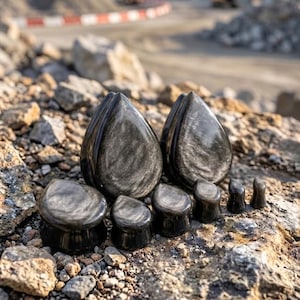 Puede incluir: Una colección de siete expansores y túneles para orejas hechos de obsidiana plateada pulida. El conjunto incluye dos expansores grandes en forma de lágrima, tres expansores redondos de varios tamaños y dos piezas de joyería de piedra gris oscuro.