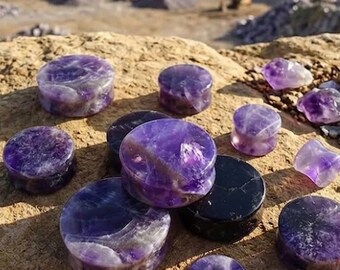 Orecchini dilatatori in ametista, dilatatori per orecchie con gemma viola, dilatatori a doppia svasatura, coppia di gioielli per il corpo in pietra, regalo per piercing per uomo e donna